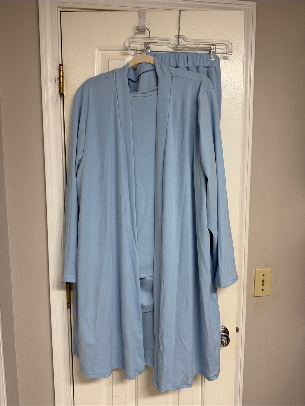 Baby Blue 3-Piece Lounge Set – Duster, Top & Wide-Leg Pants